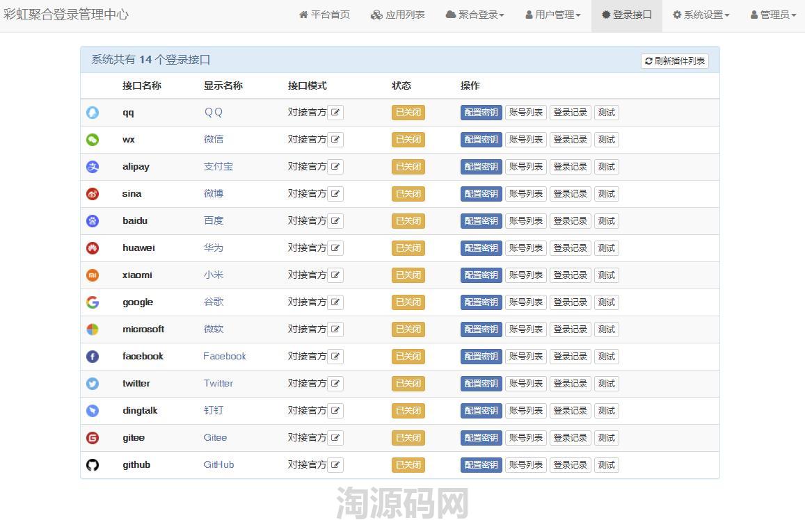 彩虹聚合登录系统可以实现一站式社会化账号登录源码-淘源码网